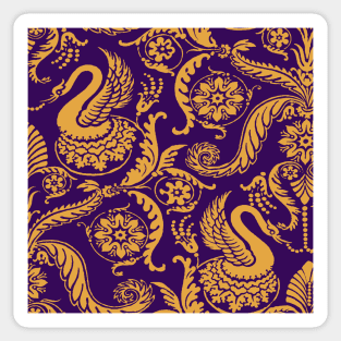 Gold on Royal Purple Classy Medieval Damask Swans Sticker